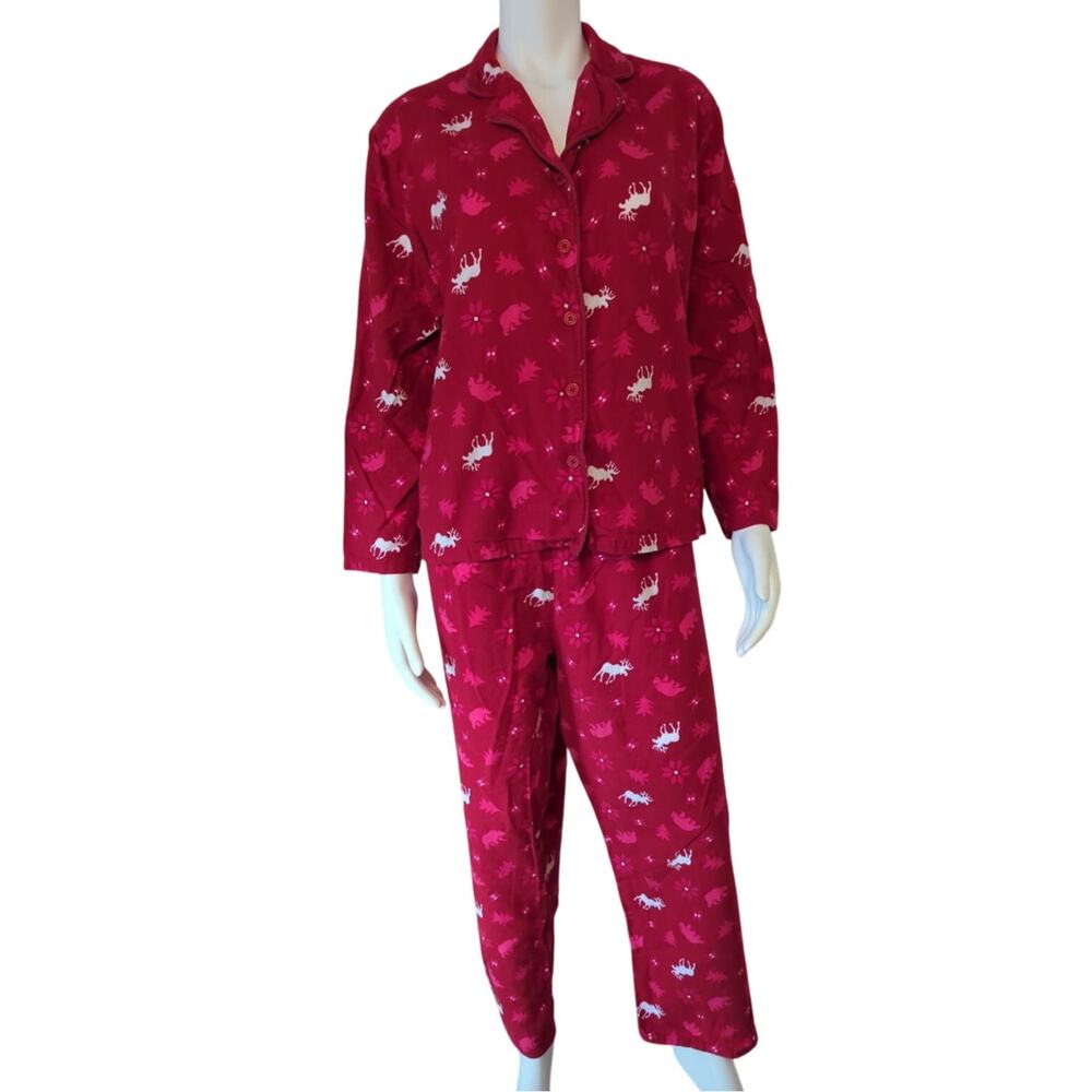 Intimate Essentials Red, Pink & White Two Piece Flannel Sleep Set Womens Size L